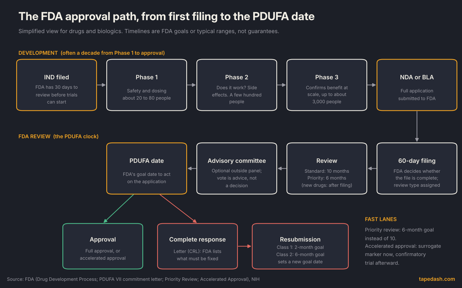 FDA approval process diagram showing the path from IND filing through Phase 1, 2 and 3 trials, NDA or BLA submission, the 60-day filing review, the review clock, an optional advisory committee, and the PDUFA date ending in approval or a complete response letter